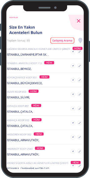 En yakın acenteler liste ekranı