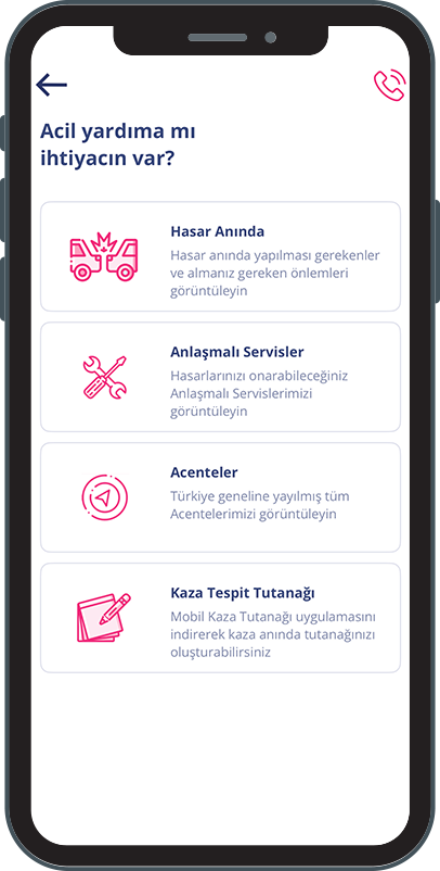 Hasar anında acil yardım ekranı